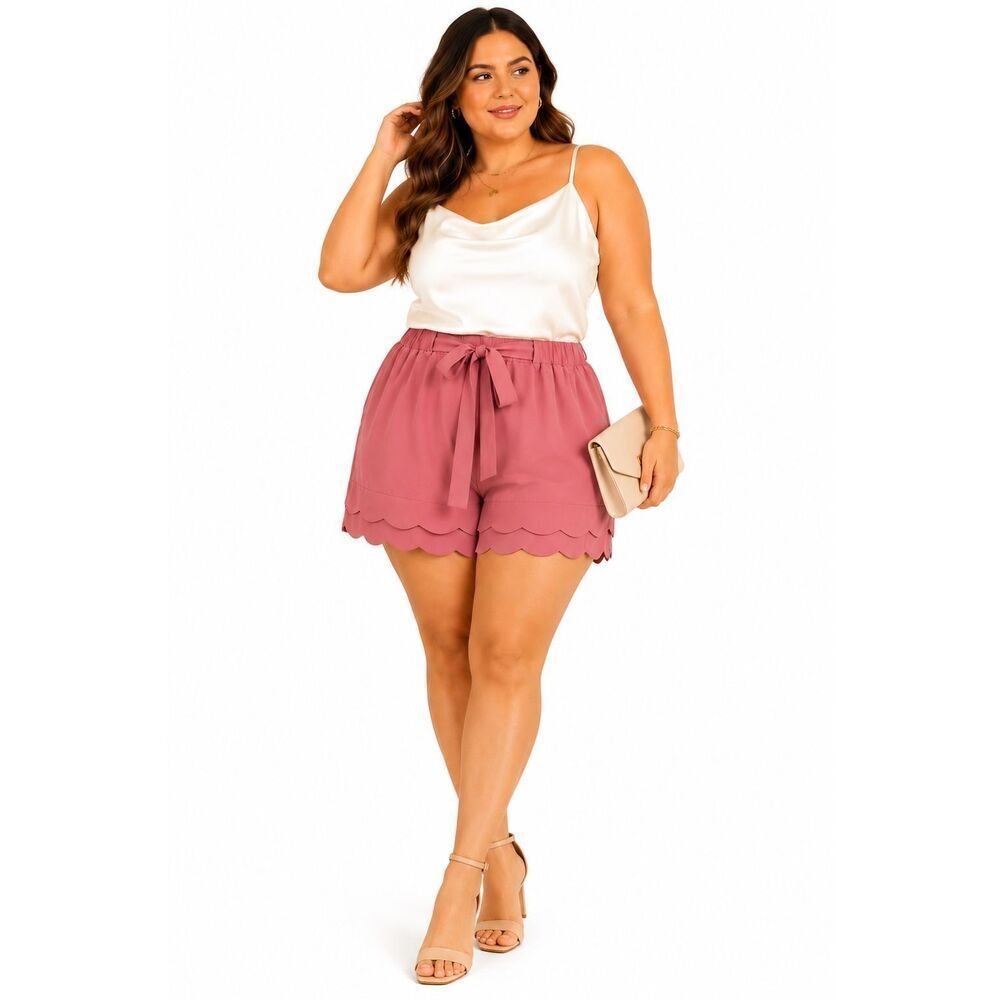 Andree By Unit Plus Size High Rise Scallop Hem Shorts 1X Dusty Pink Tie Waist